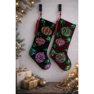 Prima Creations Velvet‎ Christmas Stocking Set Beaded Sequin Ornament Black Red